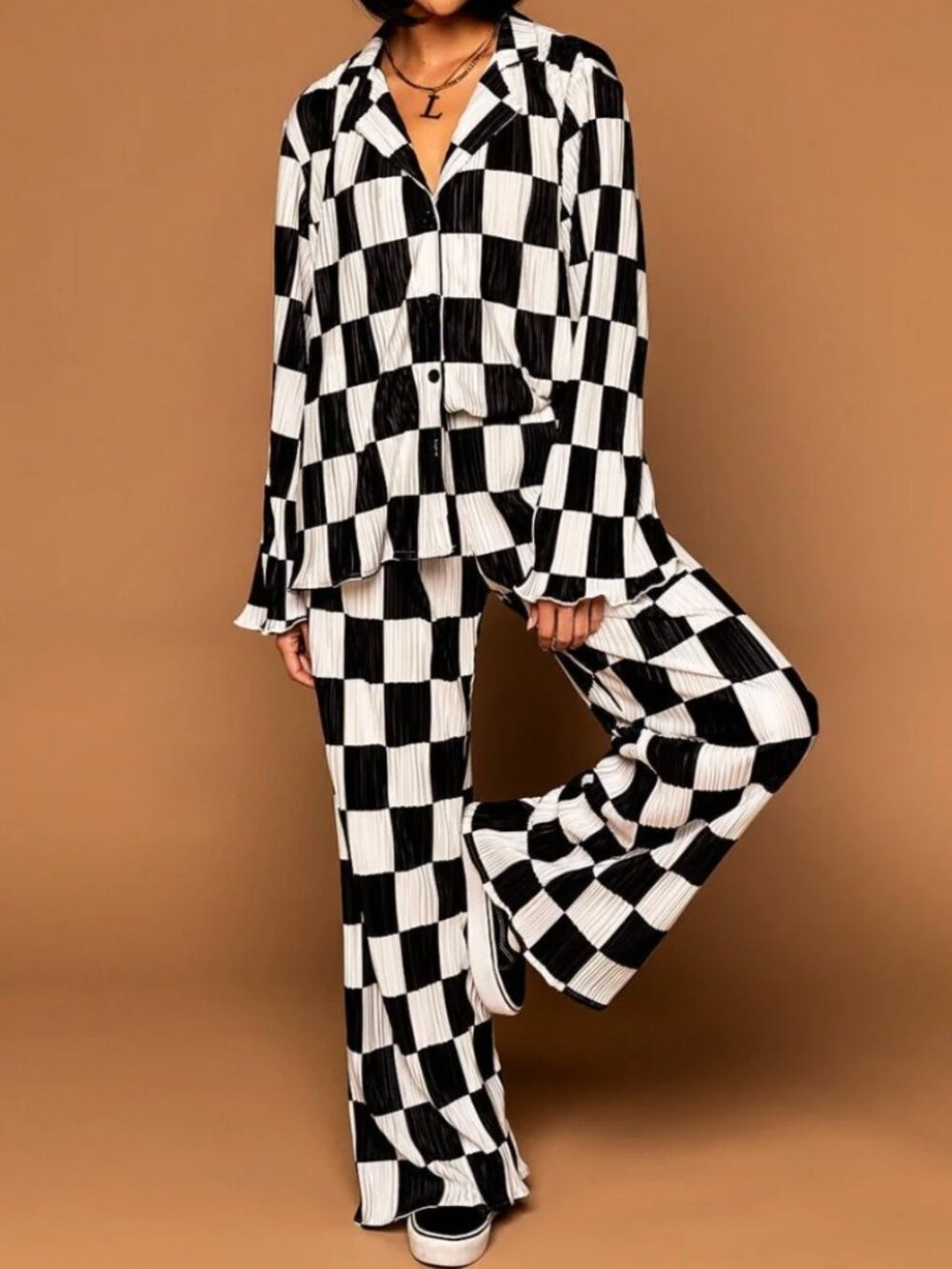 DRESSED IN LALA Checkerboard Long Sleeve Plisse Set